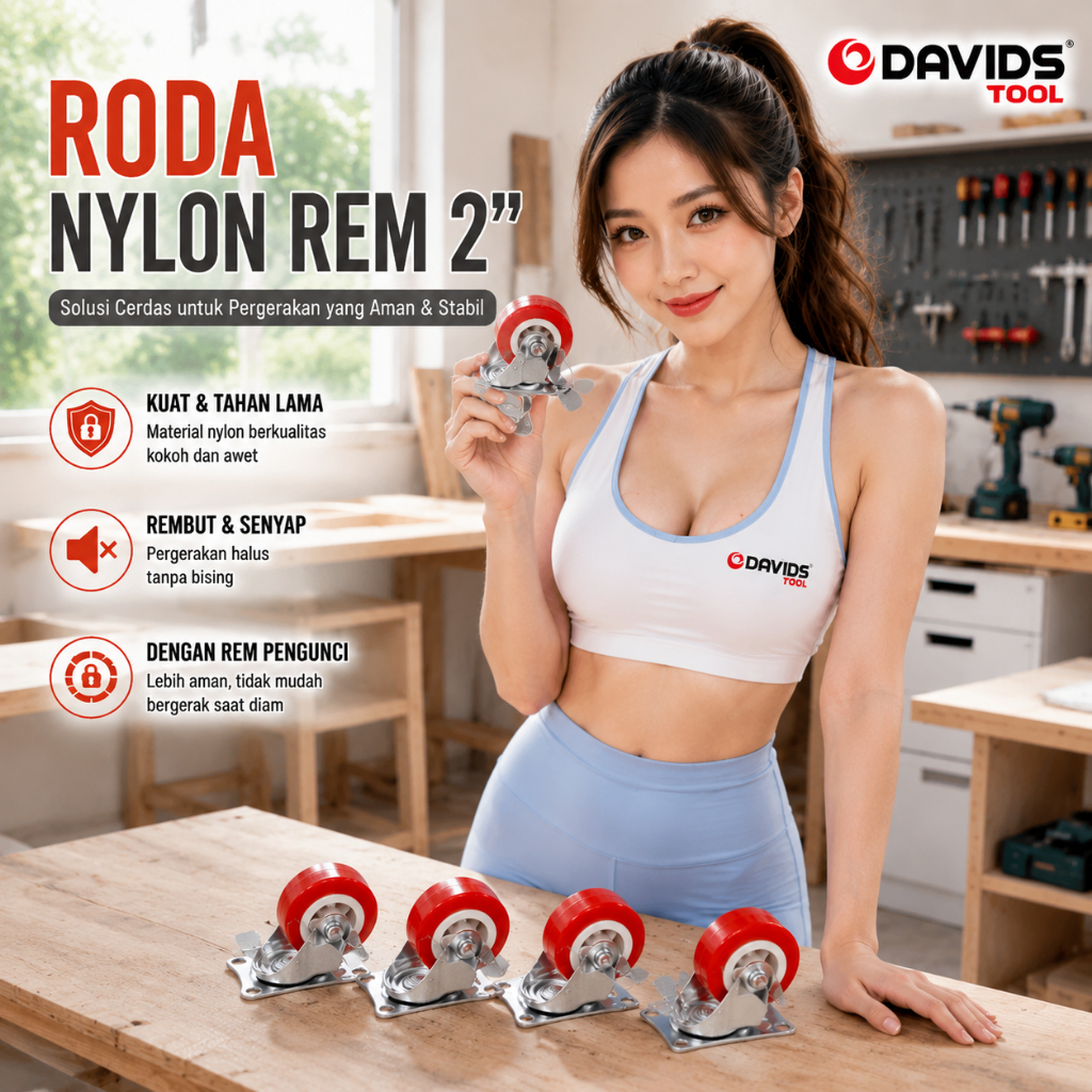 Roda Troli Gerobak Etalase Lemari Kulkas Mesin Cuci Meja Caster Kecil Karet Nilon 2 Inch Merah Rem