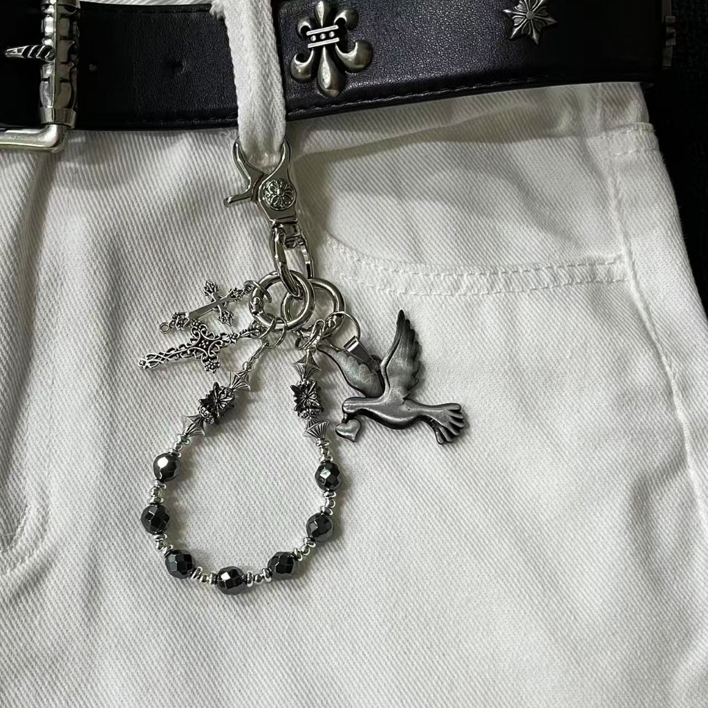 Rantai Celana Remaja Unisex Hiasan Celana Jeans Metal Silver Black Beads Dove Cross Punk Gothic Kore