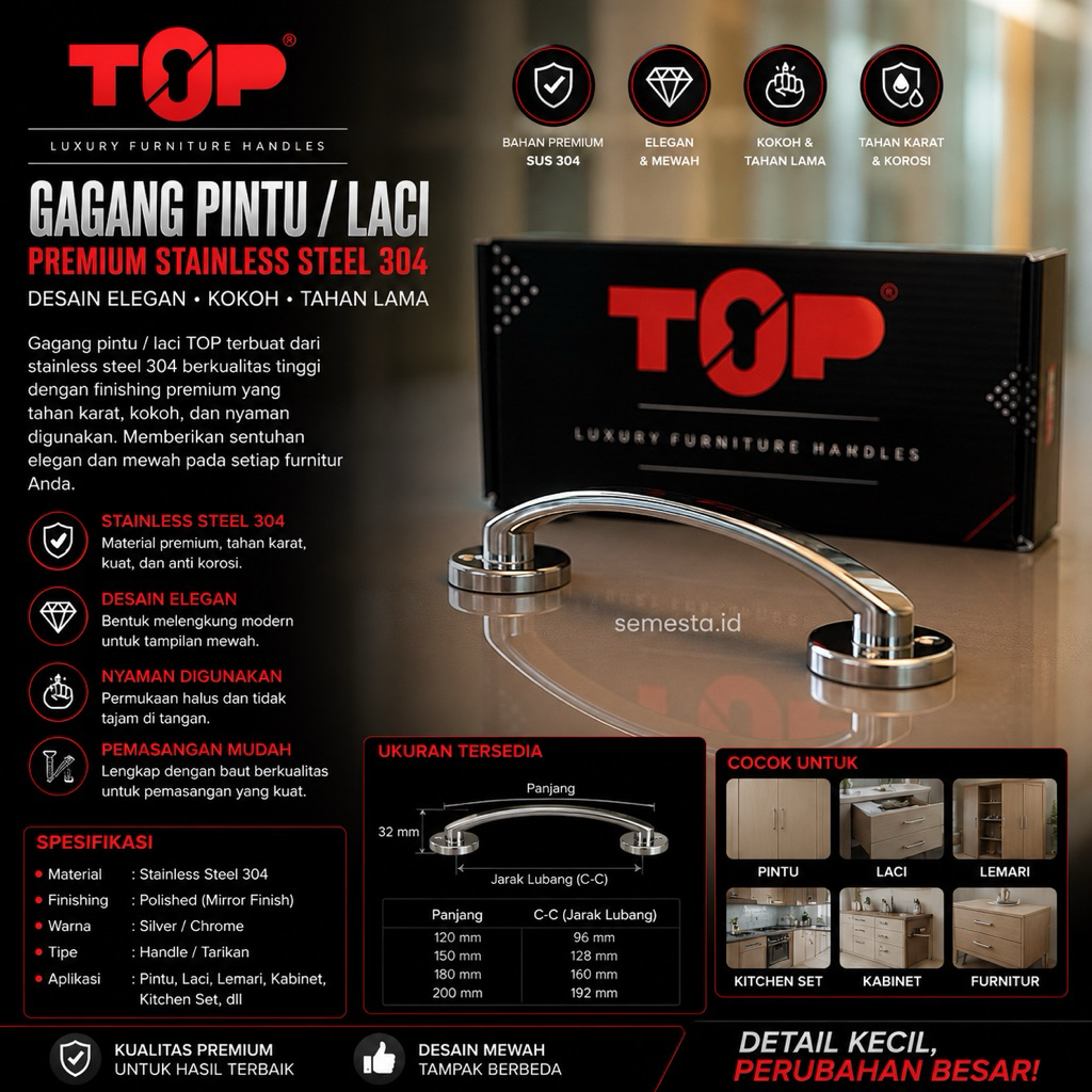 Handle Tarikan Laci TOP 098 Silver | Tarikan Jendela | Tarikan Loker | lemari | Tarikan Lemari Dapur