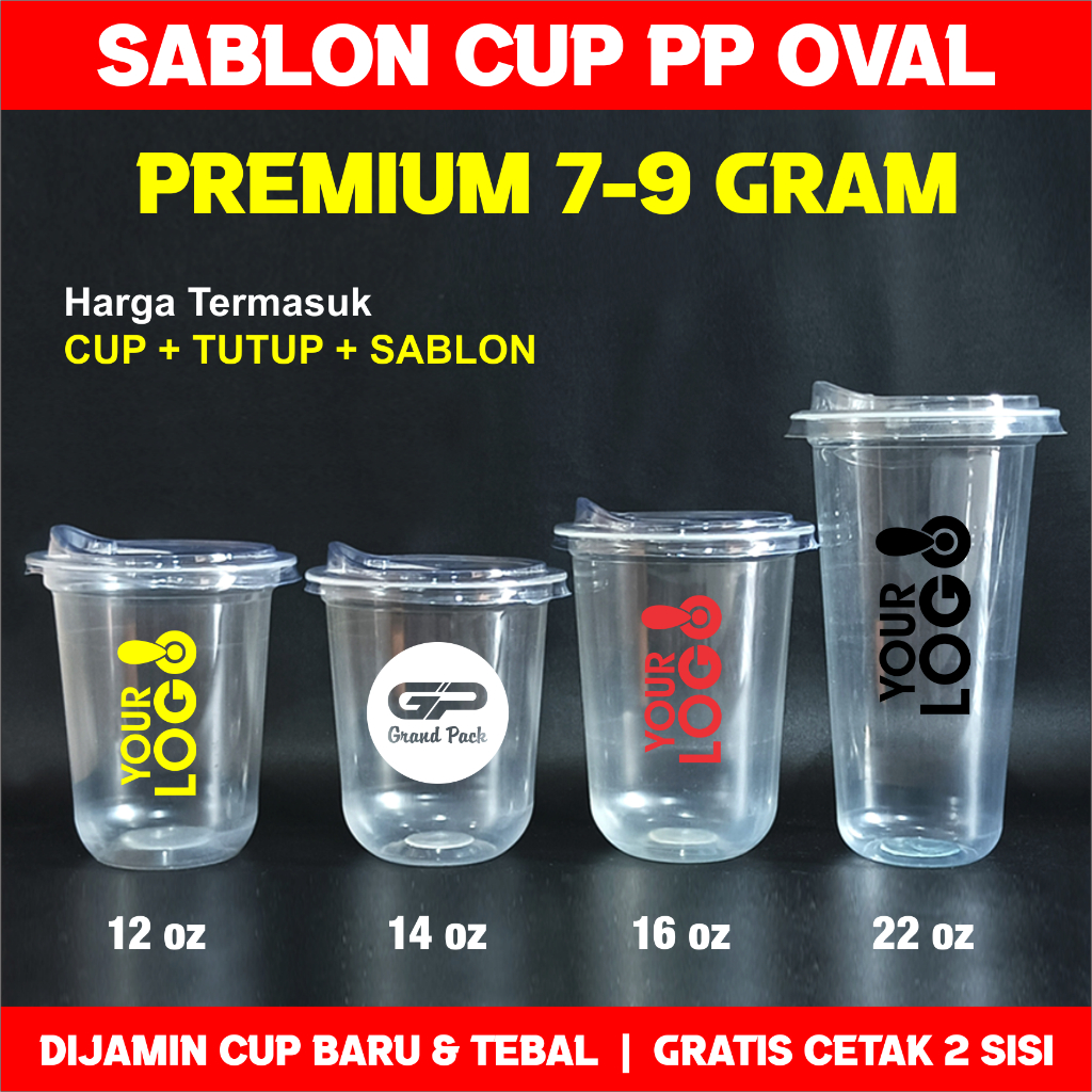 Gelas Cup PP 22 oz Oval | Cup PP Oval 22 oz + Tutup + Sablon