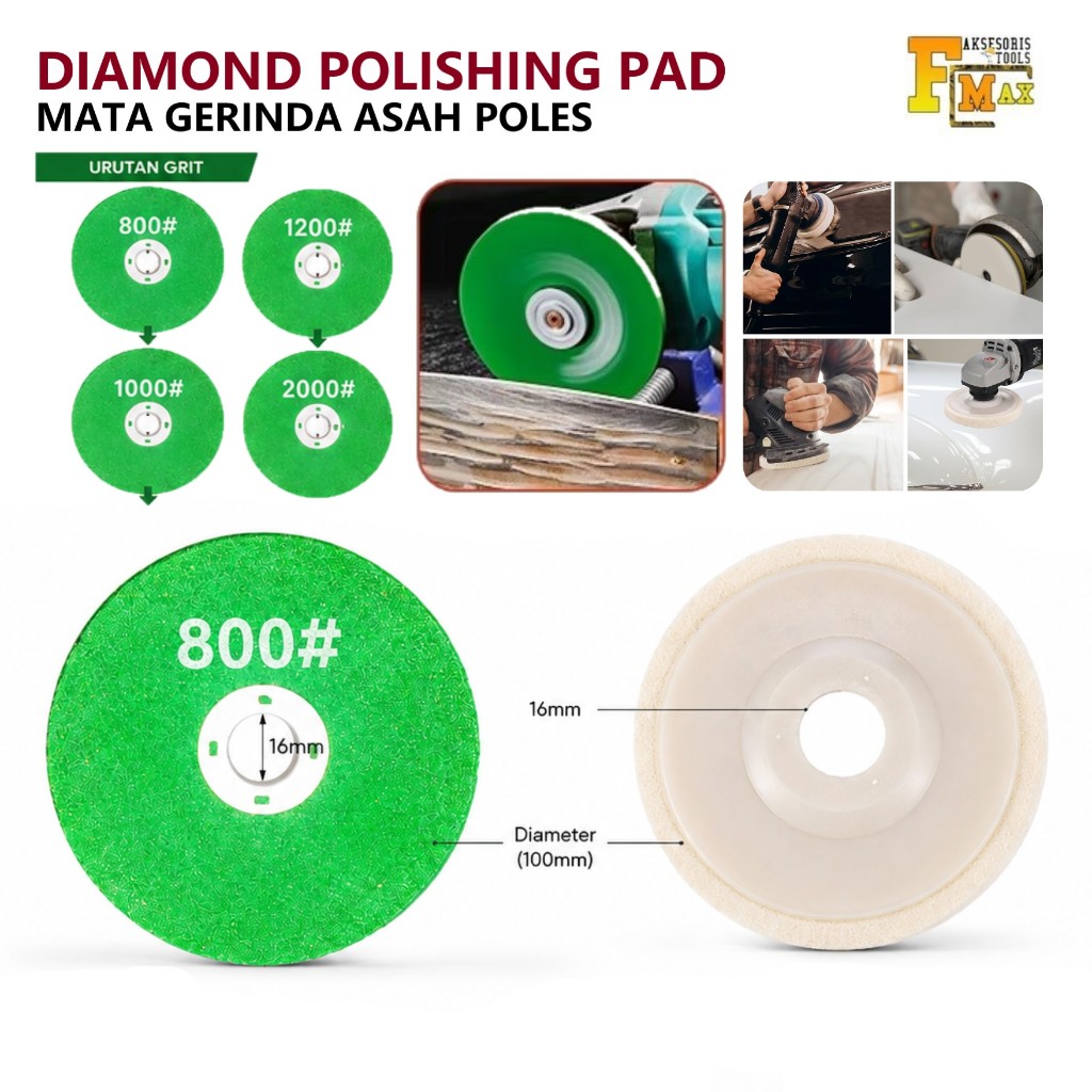 Mata Gerinda Asah Diamond Wheel 4 Inch Grit 800# - 2000# + Poles Wool Kaca Keramik Stainless Granit