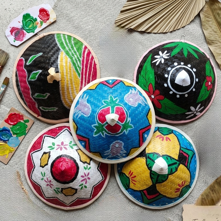 Caping Bambu Lukis - Topi Caping Lukis Dekorasi - Topi Petani Gambar Unik