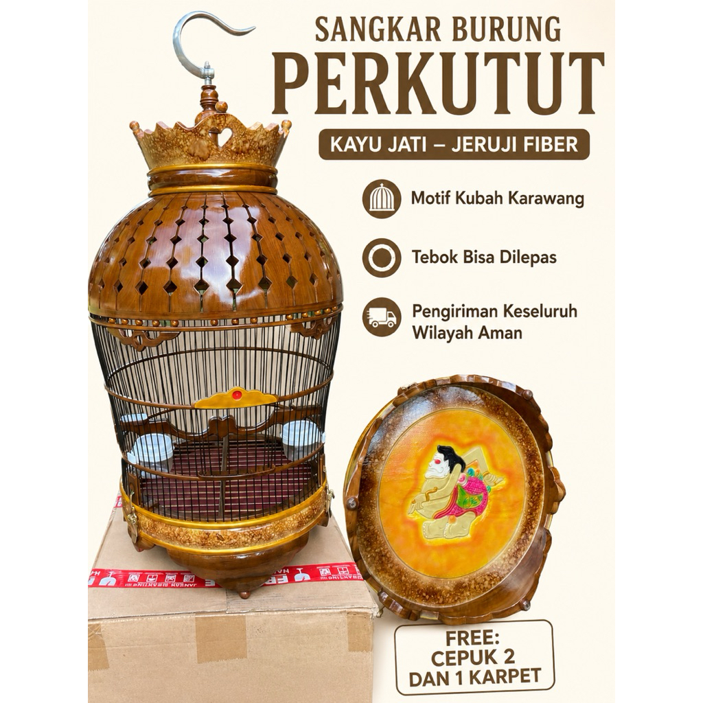 Sangkar Burung Perkutut Kayu Jati Jeruji Fiber Motif Kubah Karawang Tebok Lepas Free Cepuk dan Karpe