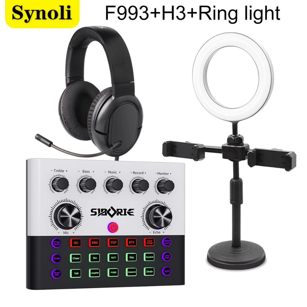 Synoli Sound Card F993 Paket Lengkap Headphone H3 Ring Light Peralatan Live Streaming dan Karaoke SI