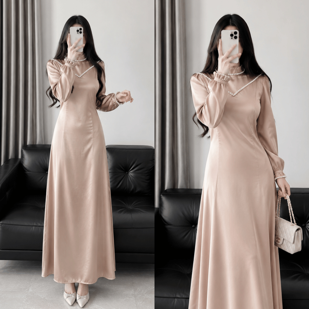 Calndulla Dress Wanita Satin Premium Full Payet Mutiara Mewah Elegan | Gamis Kondangan Lamaran Bride