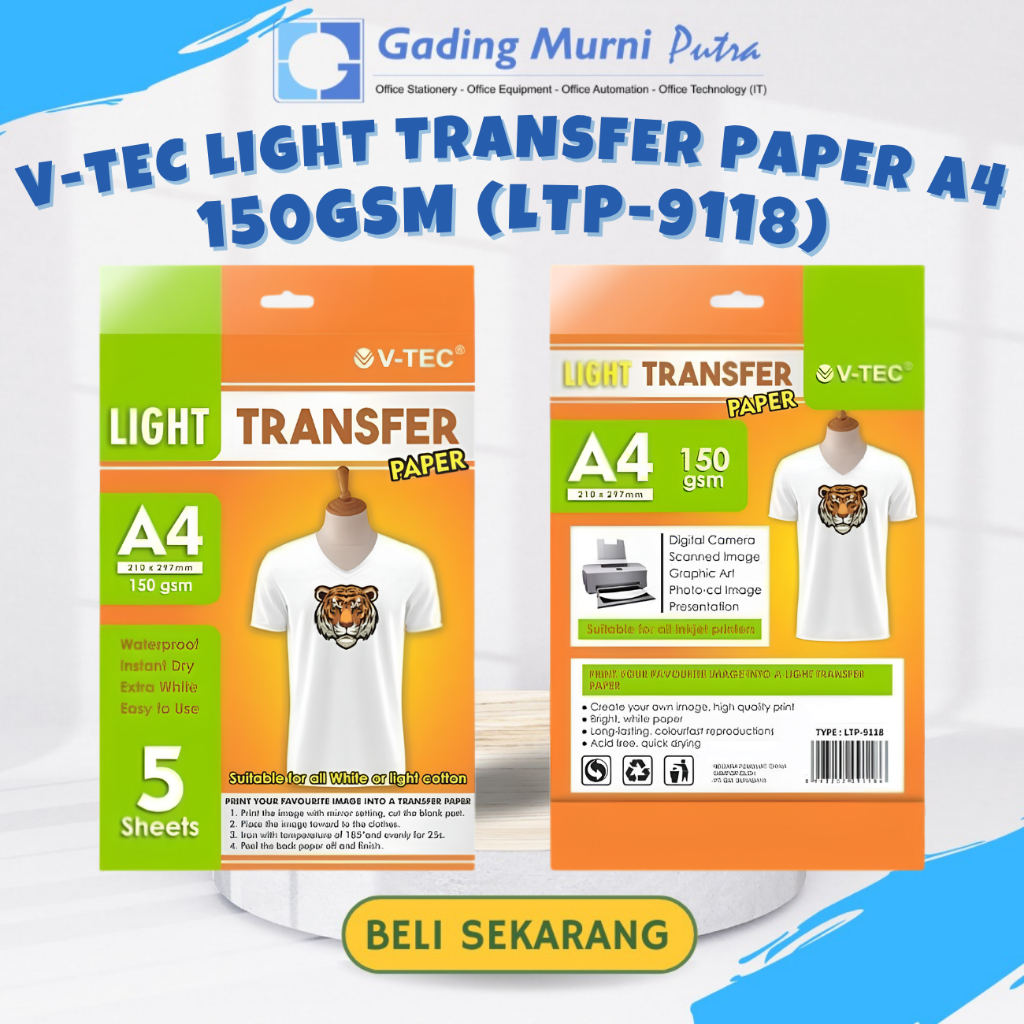 V-TEC LIGHT TRANSFER PAPER A4 LTP-9118 | KERTAS TRANSFER PRINT KAOS 150 GSM | PAPER SABLON TRANSFER