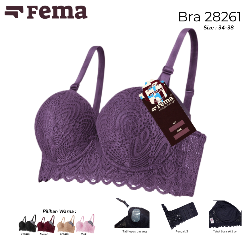 FEMA Official Shop 1 pcs Bra Wanita 28261 Bra Brukat Busa Tebal, Nyaman Dipakai, Model Push Up