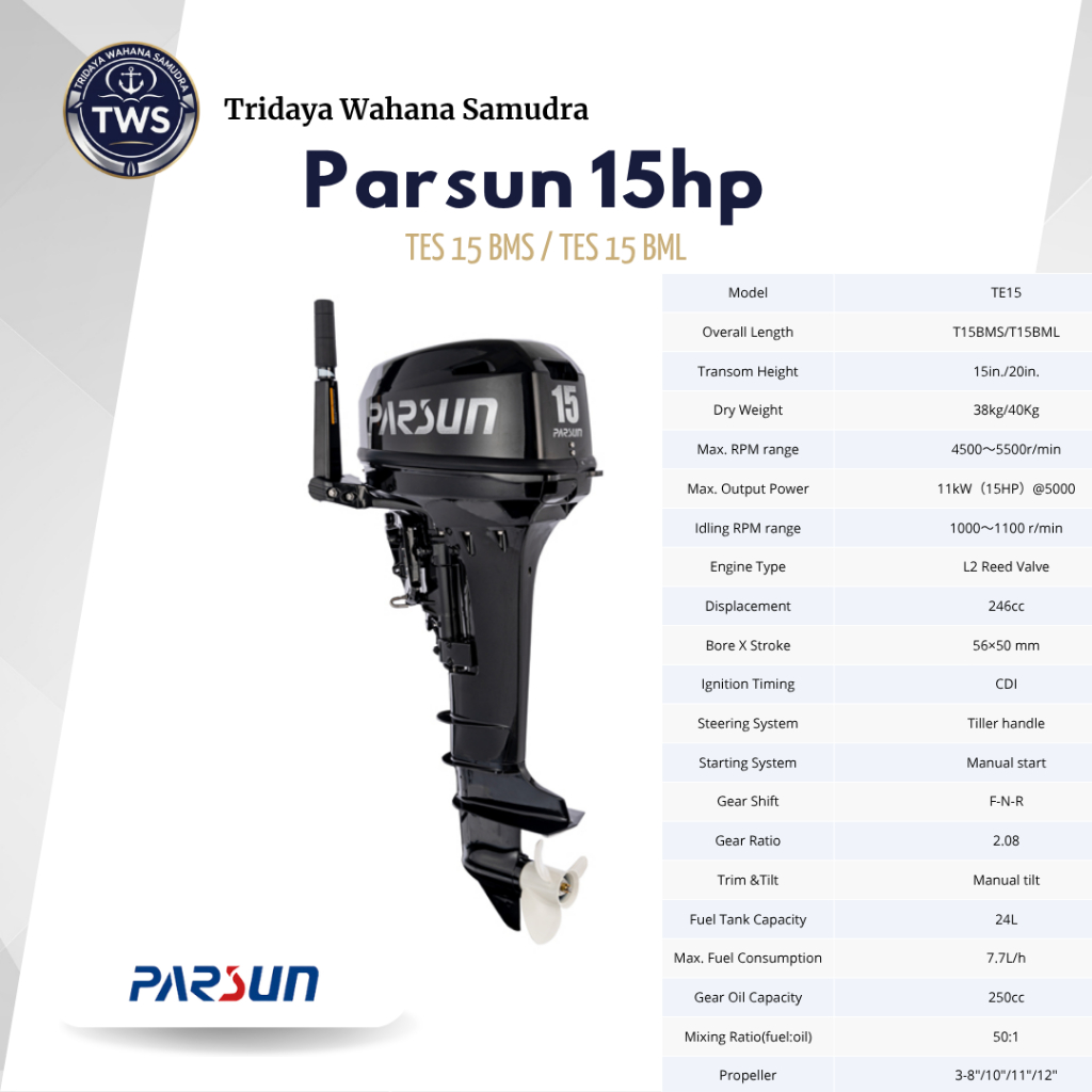 Mesin Tempel Parsun Outboard Engine 15HP T15BML / T15BMS