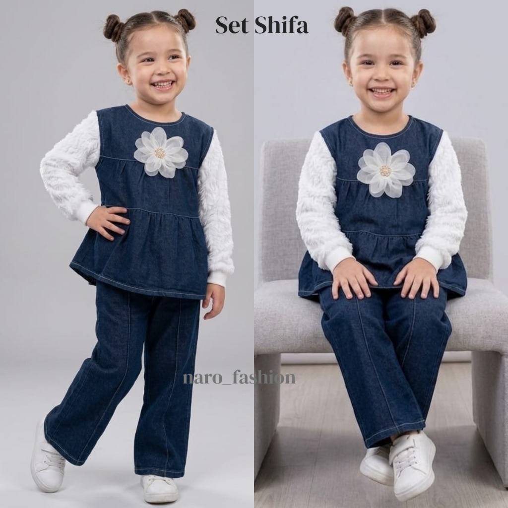 One set anak perempuan bahan jens impor mewah  ready dari usia 3-10 tahun set sultan anak premium vi