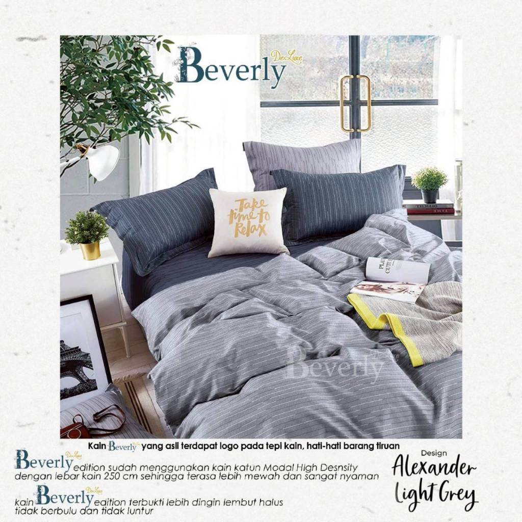 SPREI HAND MADE KARET ANTI GESER MOTIF ALEXANDER LIGHT GREY KATUN CVC PREMIUM MERK BEVERLY