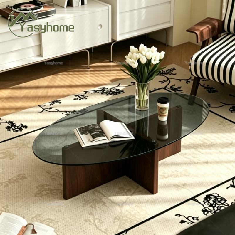 Meja Kopi Kaca Tempered + Kayu Meja Modern Ruang Tamu Kaca Estetik 100x60cm Coffee Table Minimalis M