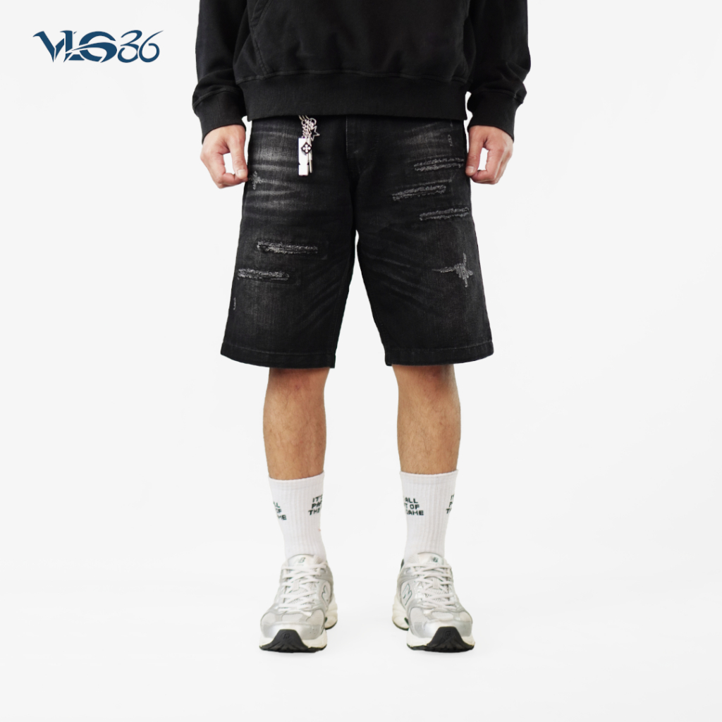 VLG36 - Celana Jeans Pendek Pria Hitam Denim The Olise 3D Celana Pendek Pria