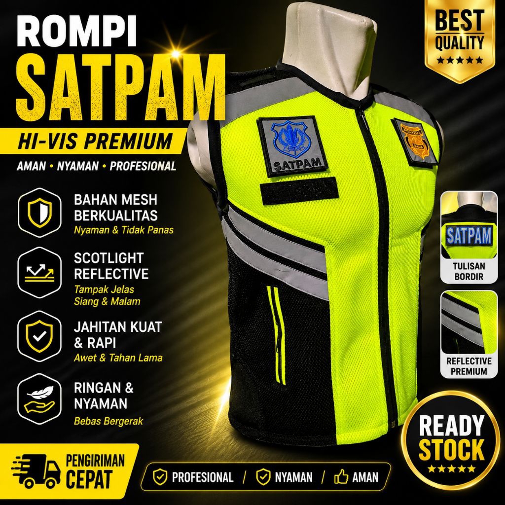 Rompi Satpam Hitam stabilo Kombinasi -Logo SATPAM