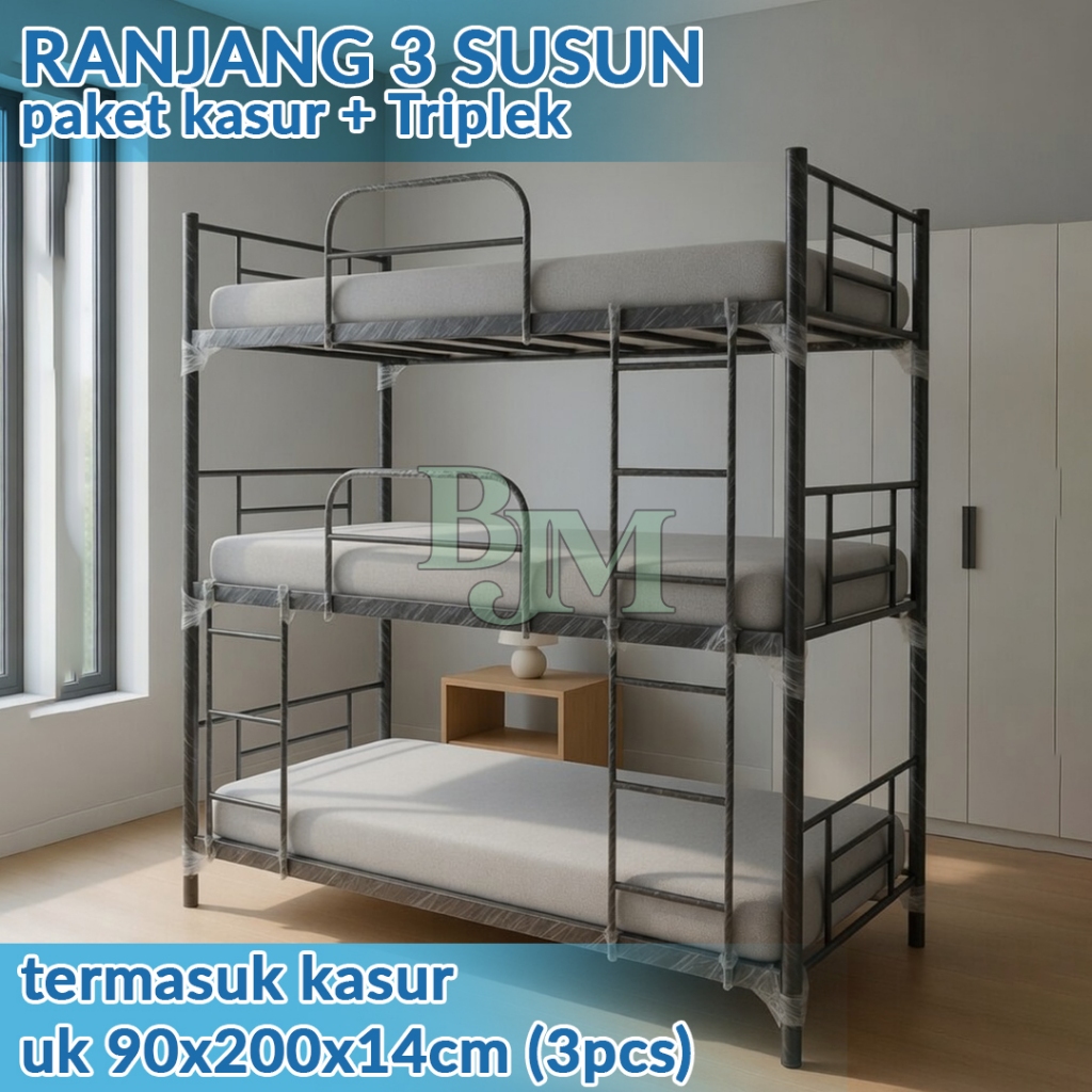 RANJANG 3 SUSUN & KASUR + TRIPLEK RANJANG TINGKAT RANJANG 3 SUSUN RANJANG BESI BUNKBED