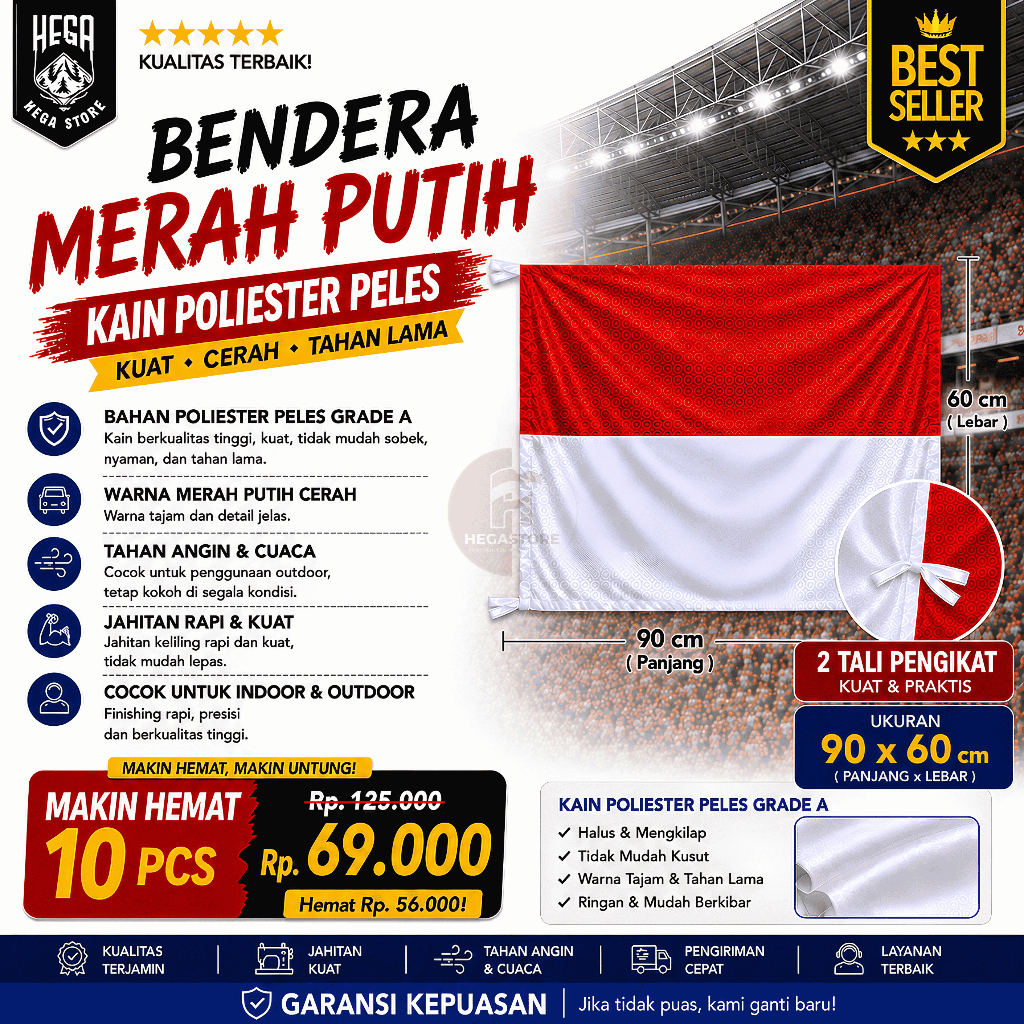 (10pcs) Bendera Merah Putih 90×60 cm – Kain Satin Peles Tebal, Tali Pengikat – untuk Tiang Rumah & U