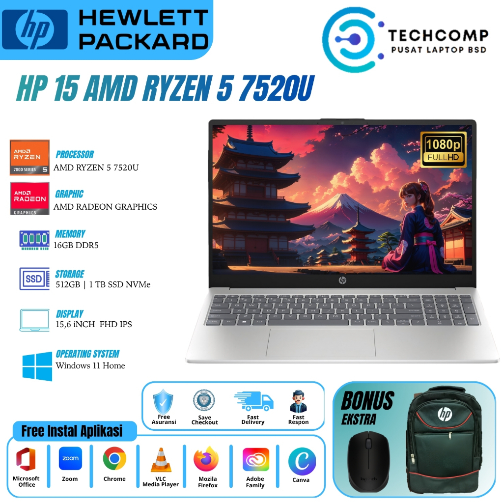 LAPTOP KERJA 'HP 15 AMD RYZEN 5 7520U 15.6 FHD IPS BL WINDOWS 11 HOME