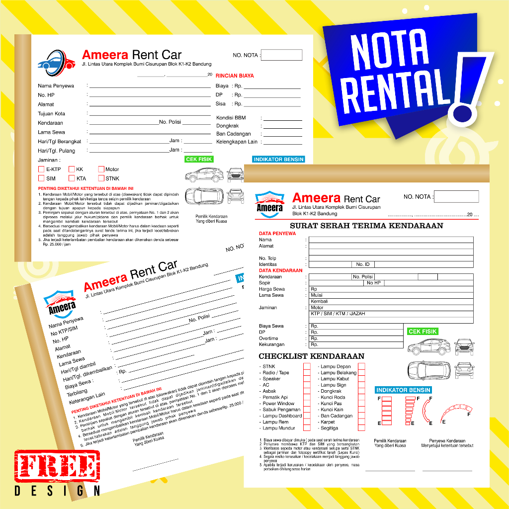 NOTA KWITANSI RENTAL MOBIL - SURAT JALAN - NOTA - INVOICE - KWITANSI UKURAN 1/2 FOLIO 3PLY