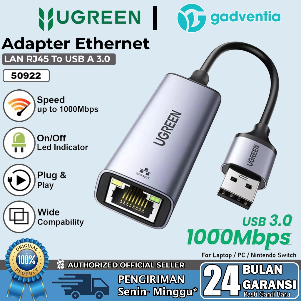 UGREEN USB 3.0 to LAN RJ45 Adapter Ethernet Kabel Internet Modem Komputer Laptop Speed 1000mbps 5092