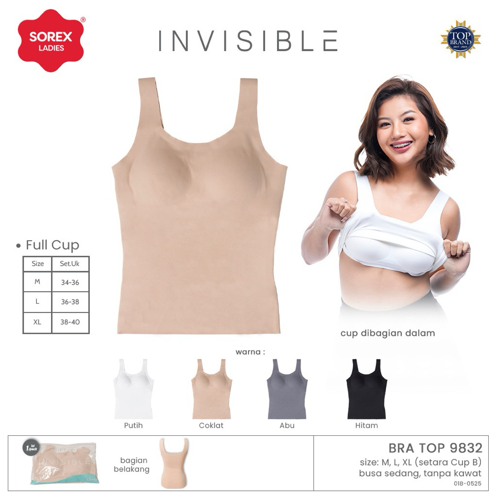 Sorex Bra 9832 Top Seamless Tanpa Kawat Full Cup Busa Sedang Cup B | Tanktop Bra Sorex | Sorex Bra S