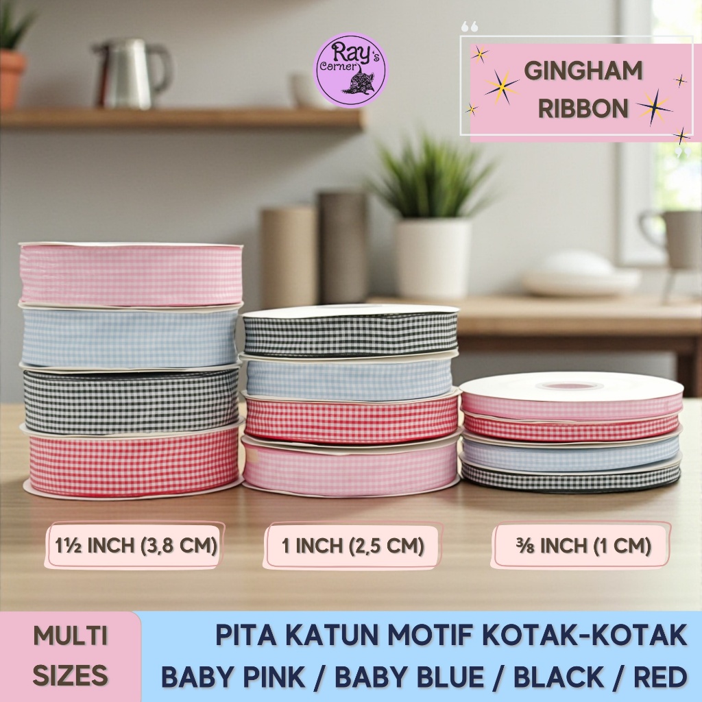 1 Yard | Pita Kado Kain Katun Motif Kotak 2 Sisi Gingham Ukuran 1,5 / 1 / 3/8 Inch Hitam Merah Pink 