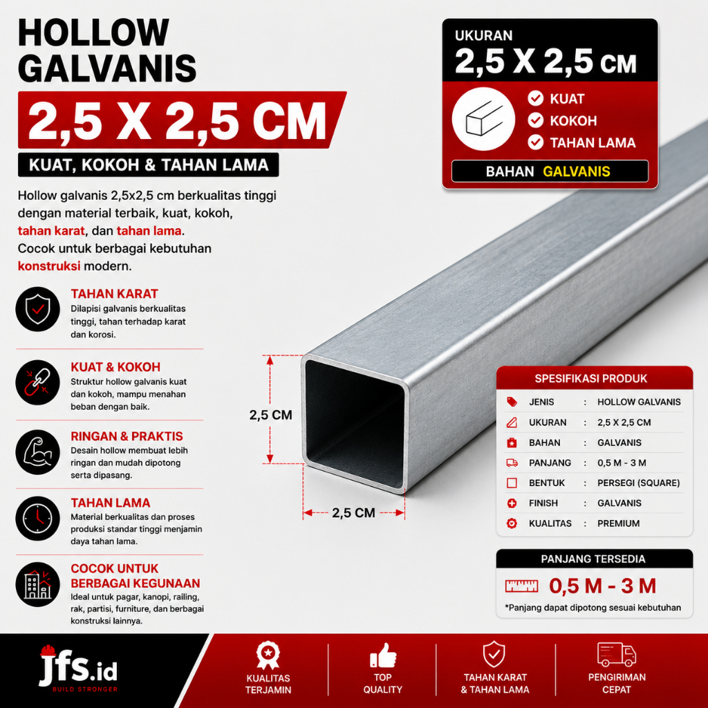 Hollow Galvanis 2,5x2,5cm Tebal 1,2mm | Holo Galvanis 3x3B | Besi Hollo