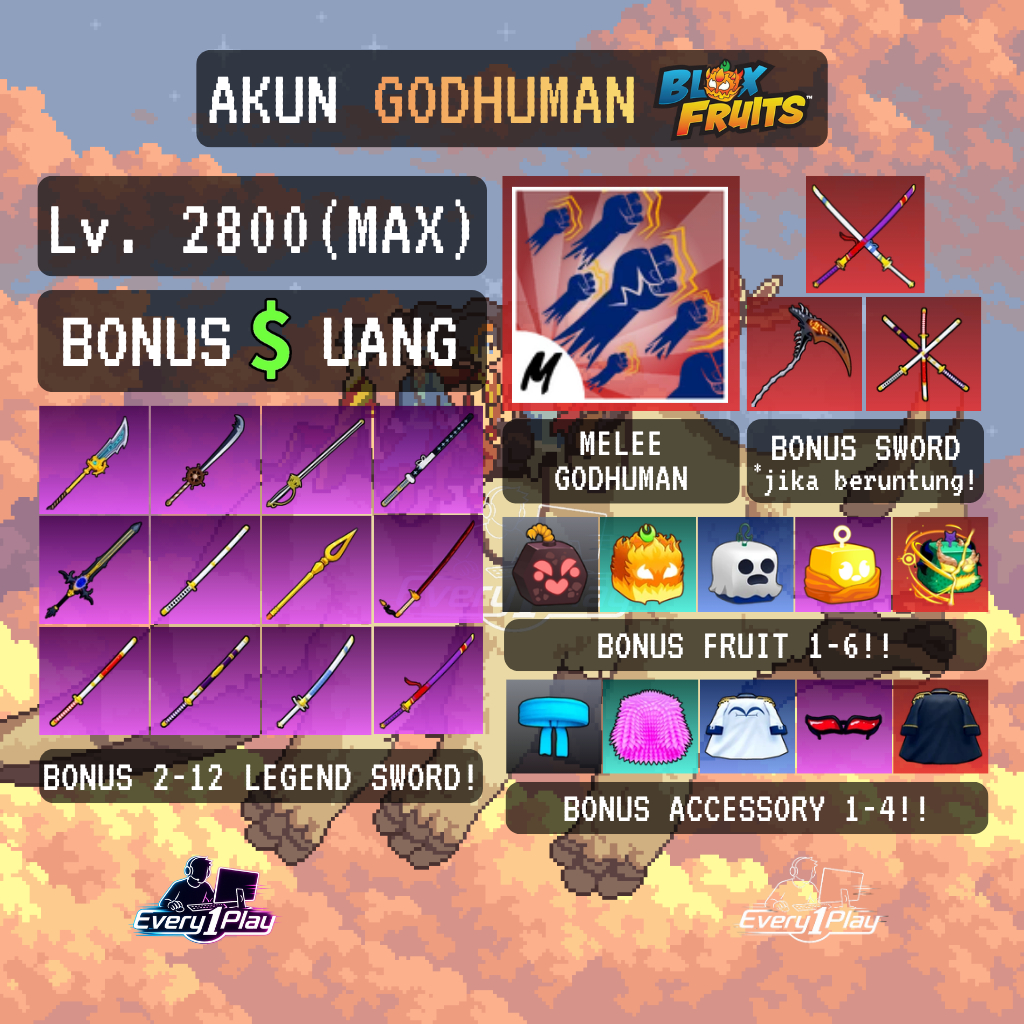 Akun Blox Fruit GODHUMAN Level Max - Akun Roblox Blox Fruit Lv Max - Akun Blok Fruit Murah - Akun Ro