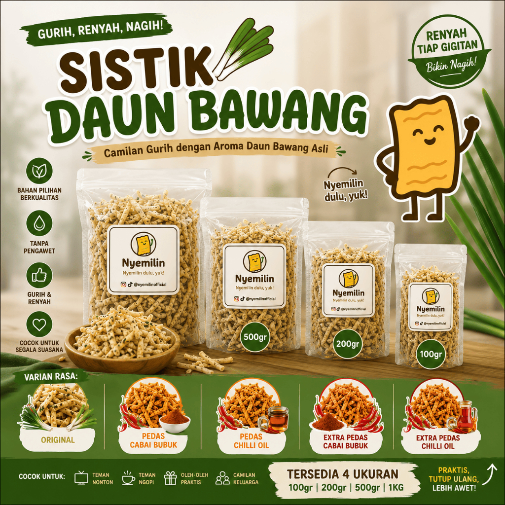 Cemilan Sistik/Sistik Daun Bawang/Pedas/Chilli Oil/Cabai Bubuk/Daun Jeruk/Murah Pedas Enak