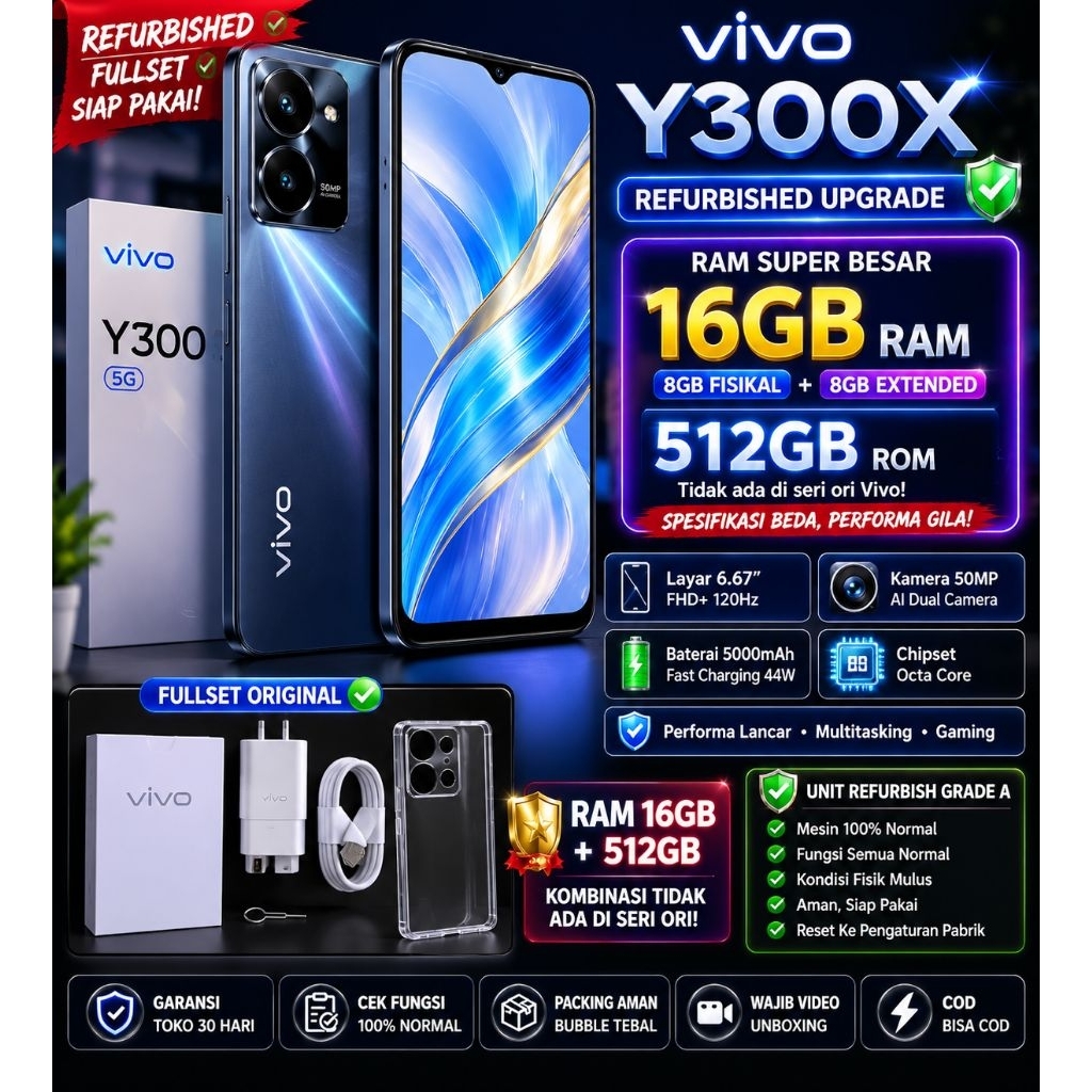 VIVO Y300X Refurbished Upgrade | RAM 16GB ROM 512GB | HP Android Fullset | Jumbo Memory | Siap Pakai