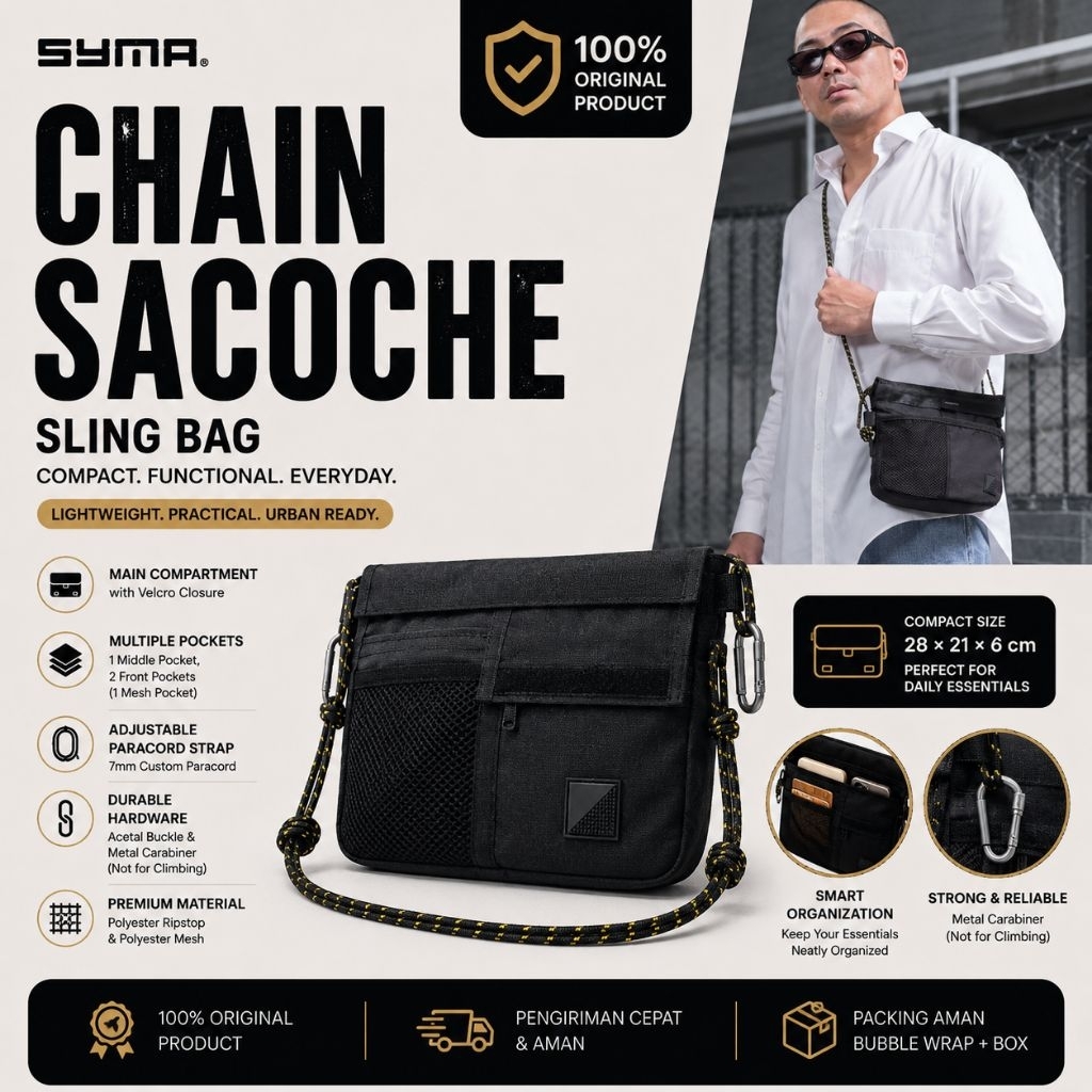 Tas Selempang Pria SYMA Utilized Chain Sacoche - Sling Bag Hitam Casual Original