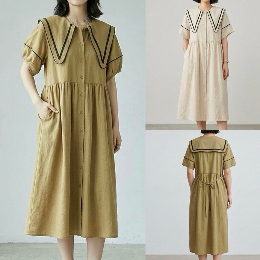 DRESS MIDI KATUN POPLIN KERAH COLLAR LANCIP HIGHWAIST KHAKI HITAM KREM