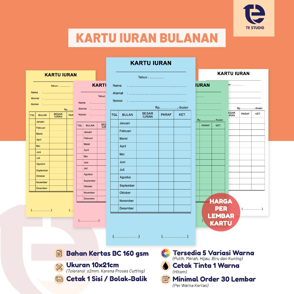 TE Studio - KARTU IURAN BULANAN WARGA / KARTU KAS RT RW PKK UKURAN 10x21cm