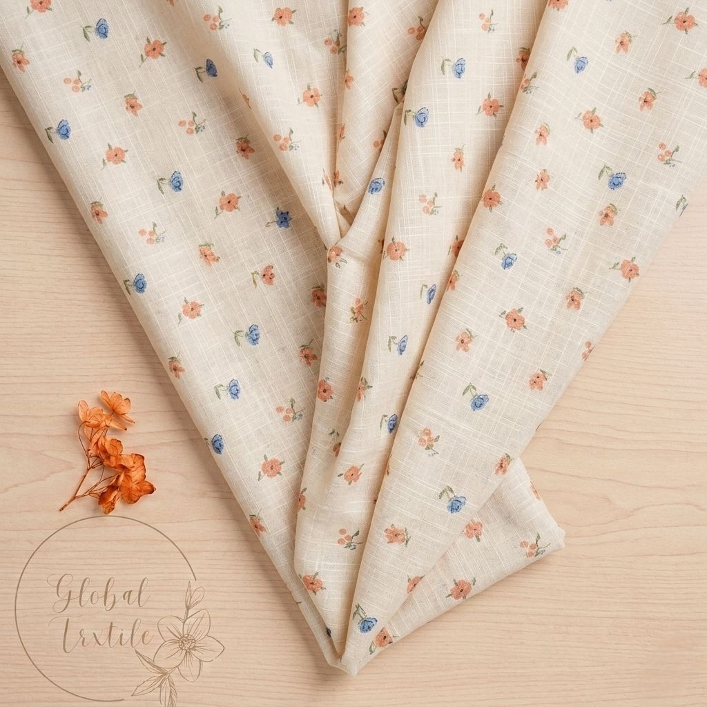 kain pure linen motif bunga kecil premium - warna baby pink - kain katun pure linen original - kain 