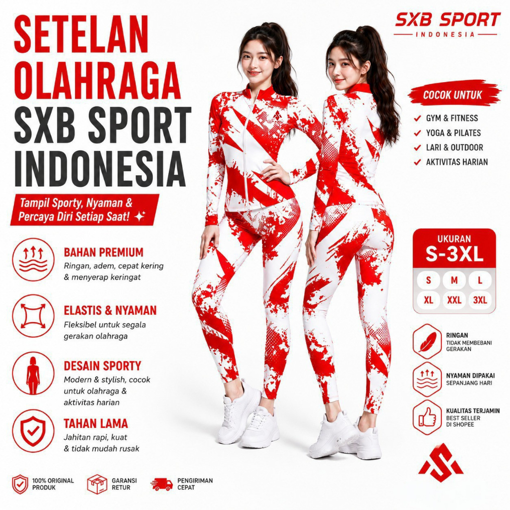 SETELAN OLAHRAGA WANITA PREMIUM SXB SPORT SPCIAL MERAH PUTIH