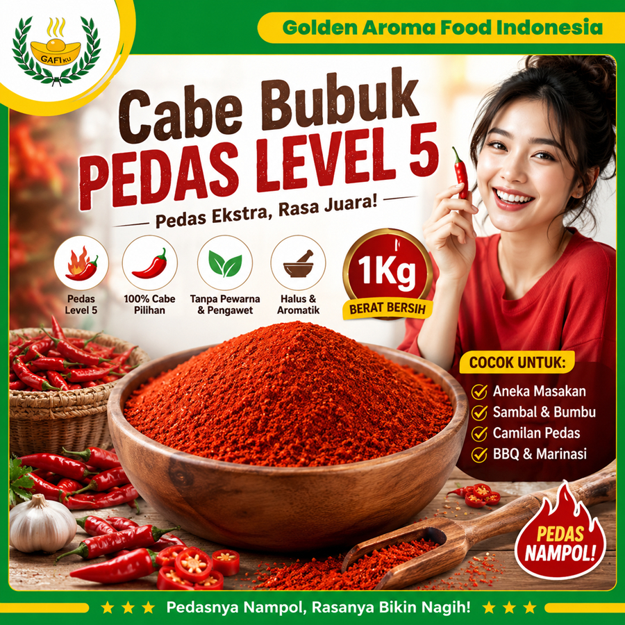 Cabe Bubuk Pedas Level 5, Jual Bubuk Cabe Pedas Level 5 Murah Enak Terbaik, Chilli Powder GAFI