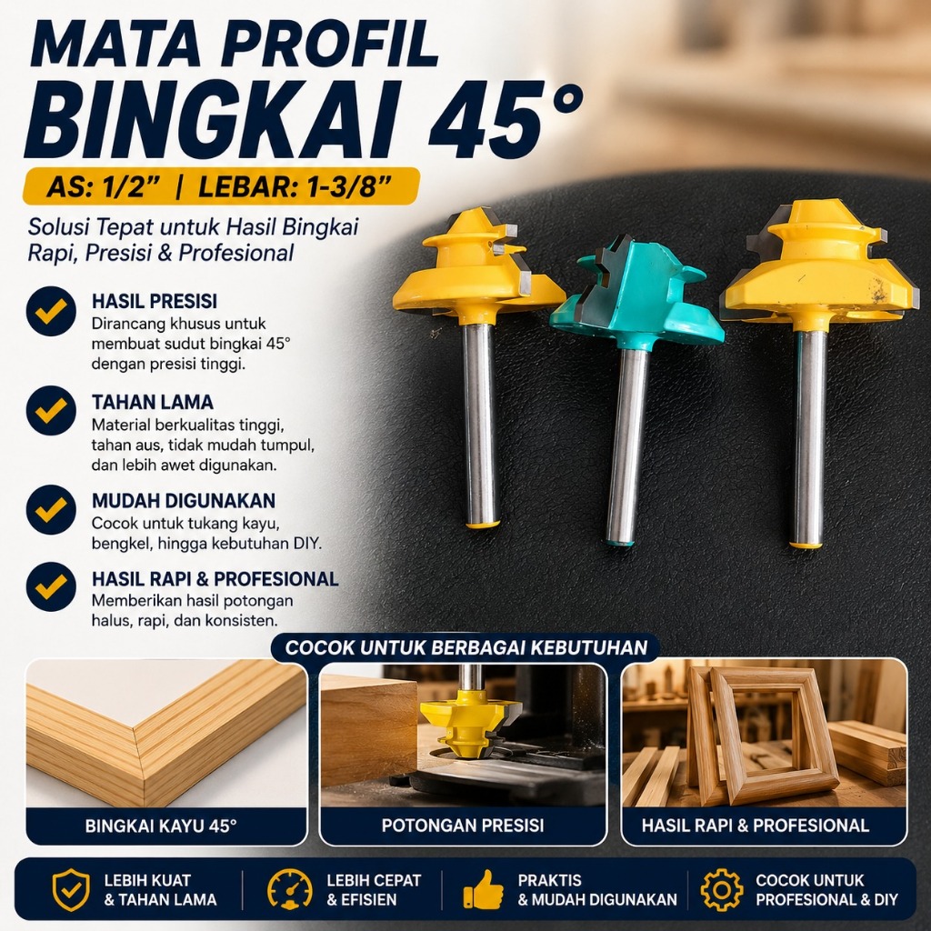 Mata Profil Bingkai 45 Derajat Router Bit Kayu 1/2” Presisi