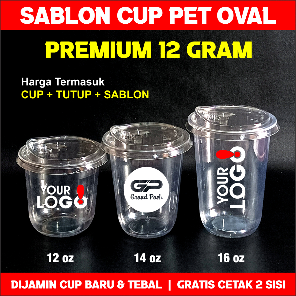 Cup PET 14 oz Oval | Gelas Plastik PET 14 oz Oval + Tutup + Sablon