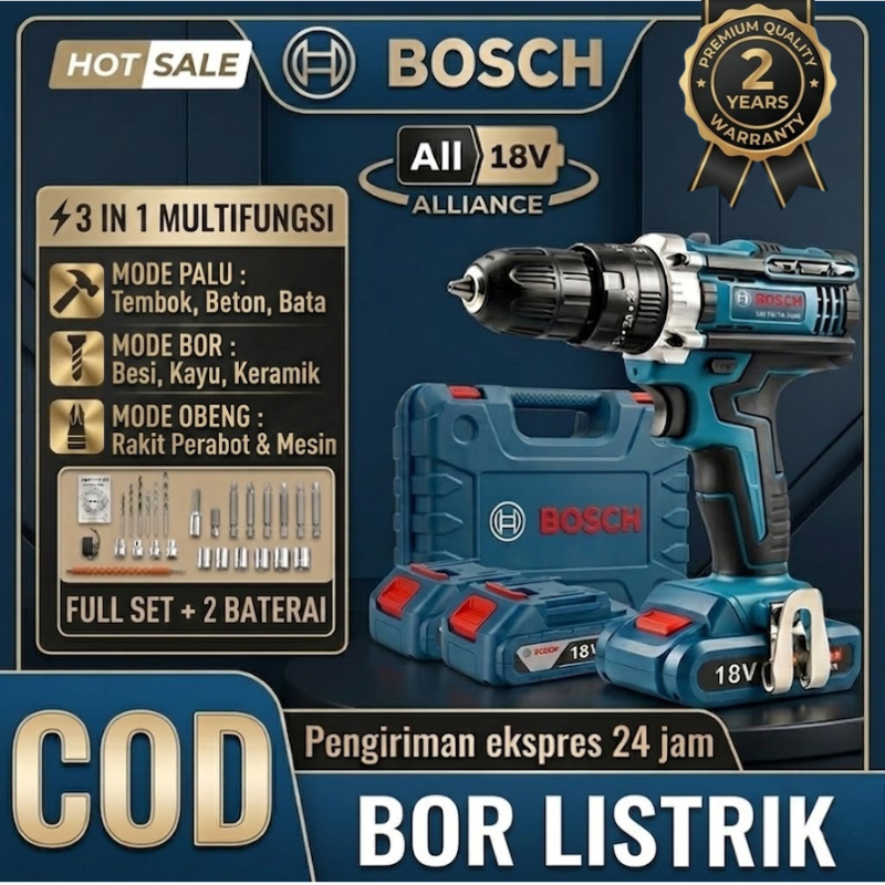 Bosch 18V Mesin Bor Listrik Bor 10mm cas Baterai Cordless Cas Tangan Murah Berkualitas Bor Tanpa Kab
