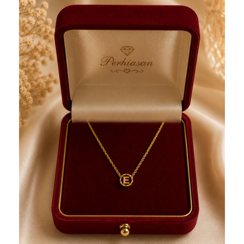 Set Kalung dan Liontin Huruf E Elegant Emas Asli