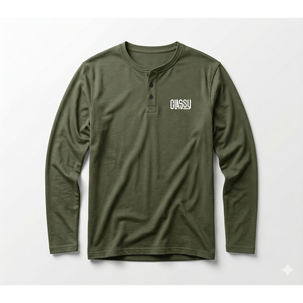 Kaos Lengan Panjang Pria Putih Henley Kancing Depan Motif CLASSY Ukuran M L XL