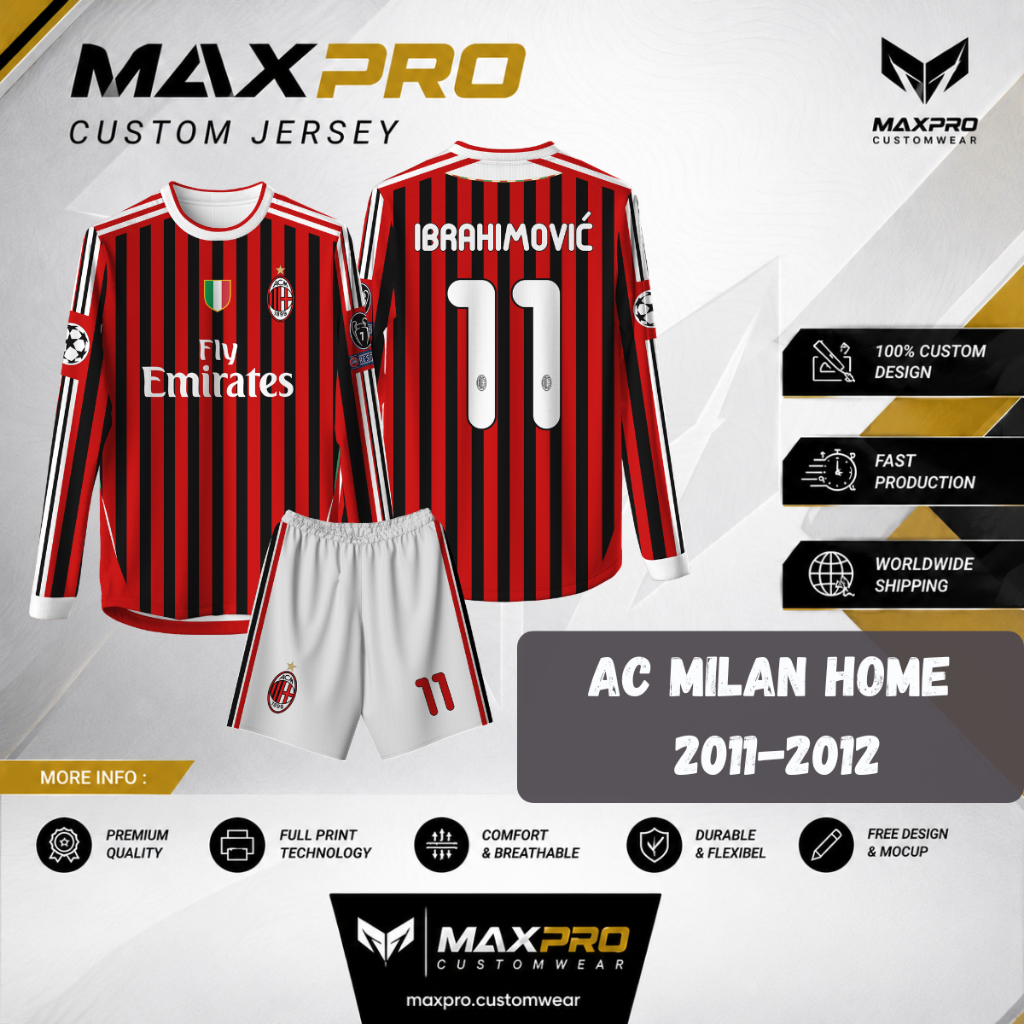 Jersey Bola AC MILAN HOME 2011-2012 Free custom nama dan nomor untuk dewasa dan anak anak Full Print