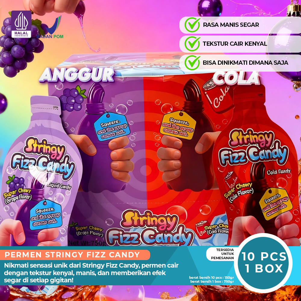 1 Box Squizzy Liquid Candy Stringy Fizz Candy - Permen Serat Elastis Sensasi Nikmati Ledakan Rasa Bu