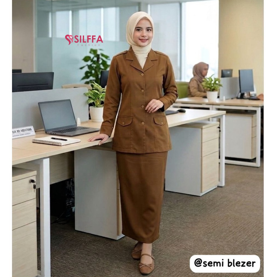 Baju Setelan Pemda Wanita Semi Blazer Baju PDH khaki. Seragam Pemda Keki Wanita.Rok span rempel bela
