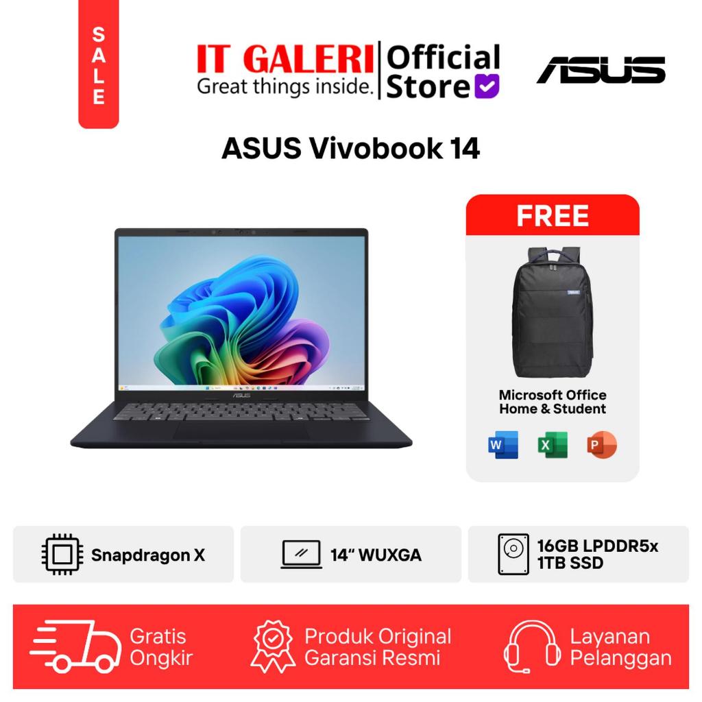 Laptop ASUS Vivobook 14 Snapdragon X 14" WUXGA 16GB 1TB SSD Hitam