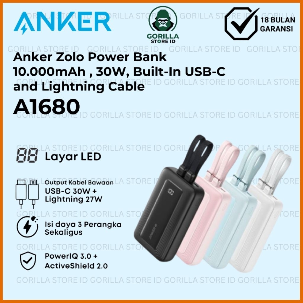 Anker Zolo Power Bank 10.000mAh 30W Max Fast Portable Charger with Built-in USB-C and MFi Certified 