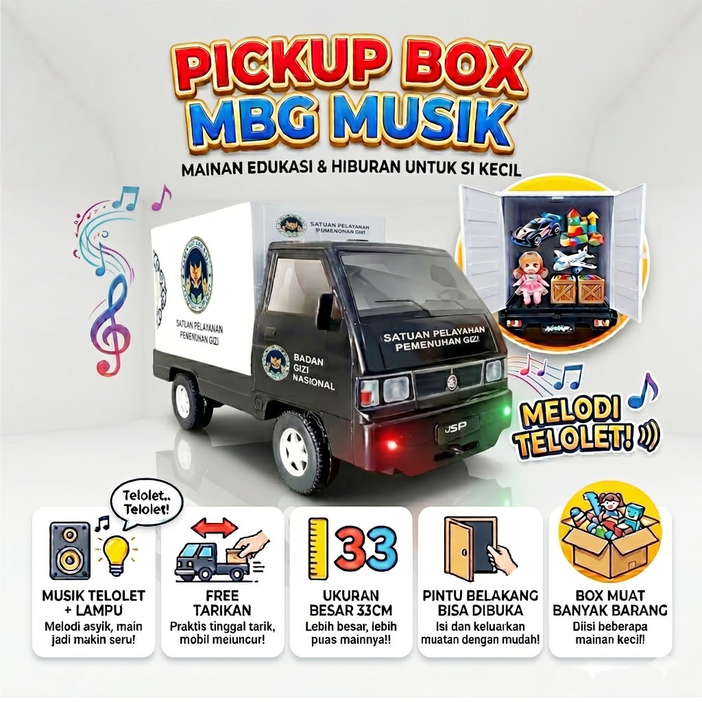 Miniatur Mobil MBG Musik Teloletdan Lampu Mobil Mainan L300 Box BADAN GIZI NASIONAL MBG