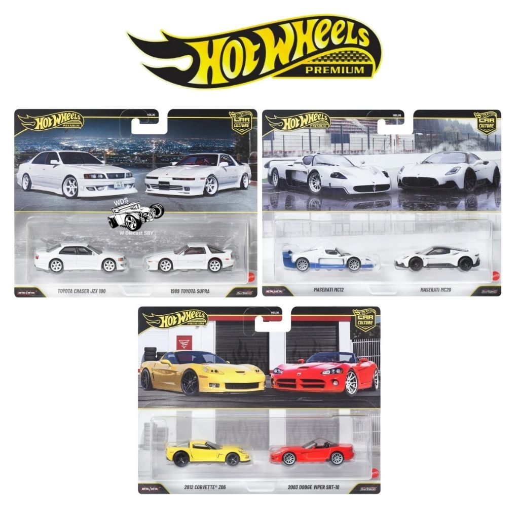Hot Wheels Premium 2 Pack Toyota Chaser JZX 1989 Toyota Supra Maserati MC12 MC20 Corvette Z06 Dodge 