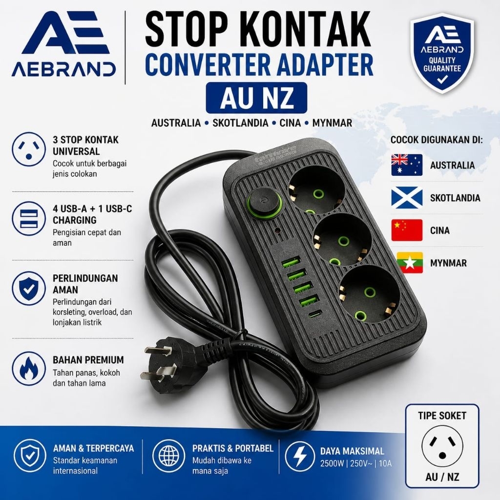 AEBRAND STOP KONTAK USB FAST CARGING + KABEL POWER KEN-MAKEUR 3X0.75MM - COLOKAN LISTRIK KAKI 3 AUST