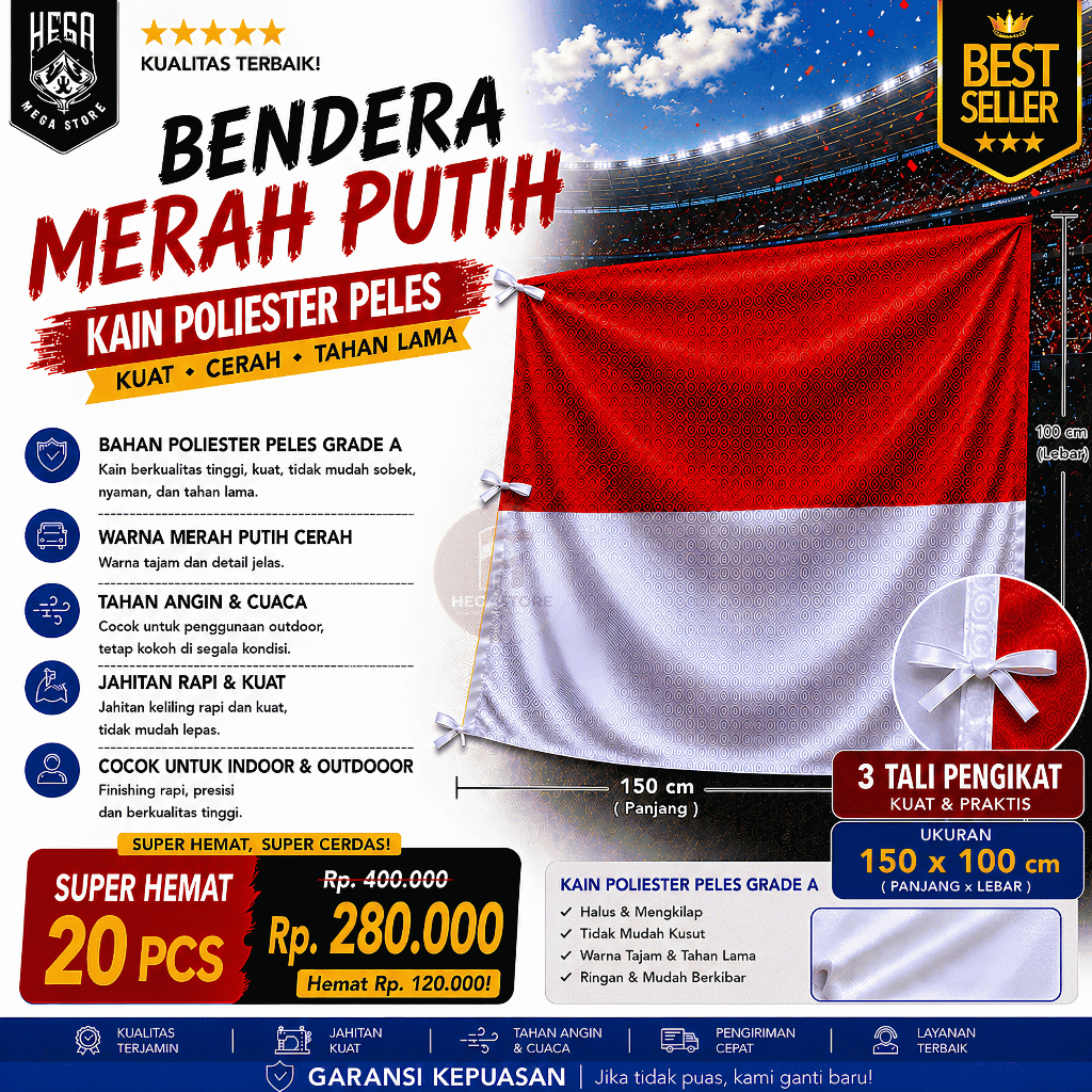 (20pcs) Bendera Merah Putih 150×100 cm – Kain Satin Peles Tebal, Tali Pengikat – untuk Tiang Rumah &
