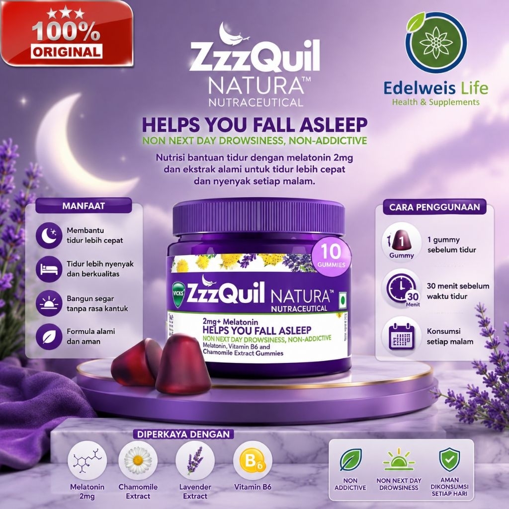 Vicks ZzzQuil Natura, Melatonin Non-Addictive Sleep Gummy Tidur nyaman