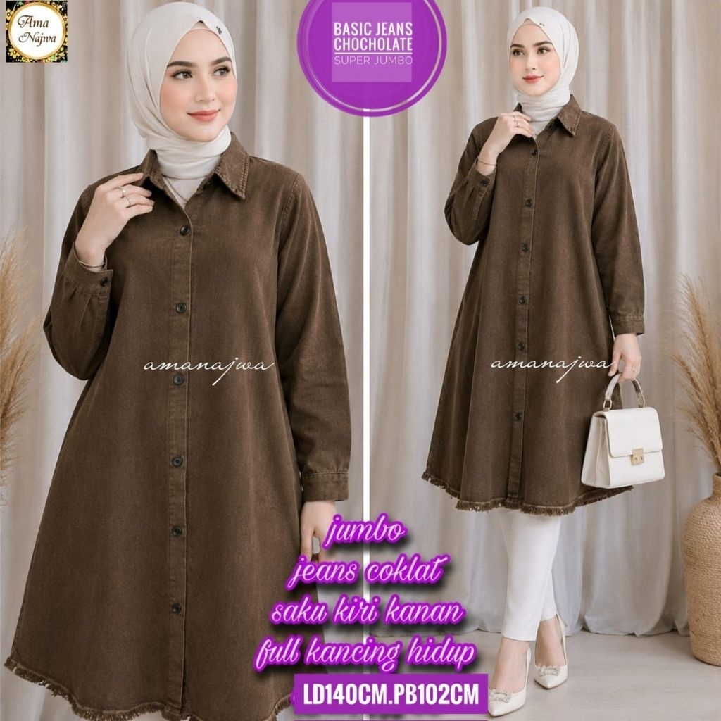 TUNIK JEANS JUMBO LD 140 ATASAN WANITA JUMBO KEKINIAN BAJU WANITA JEANS BIGSIZE RETREE TUNIK